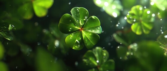 Close-up of a lush green four-leaf clover with water droplets on vibrant leaves in natural sunlight