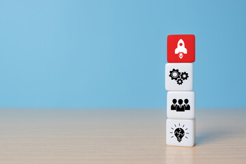 Business process management, Dice with business strategy and rocket icon, copy space