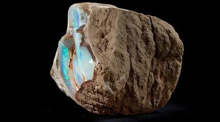 A raw, uncut precious opal gemstone embedded in its rock matrix, showing a vibrant play of iridescent colors - Powered by Adobe