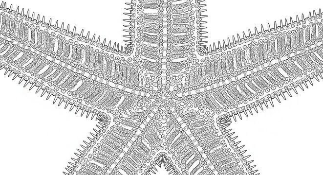 Detailed illustration depicts the intricate surface structure of a five-armed marine echinoderm