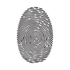 A detailed black and white illustration of a human fingerprint showing unique spiral patterns and ridges
