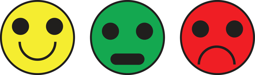 Fototapeta premium Three colorful emoji faces representing happy, neutral, and sad emotions, commonly used for feedback or mood indication.