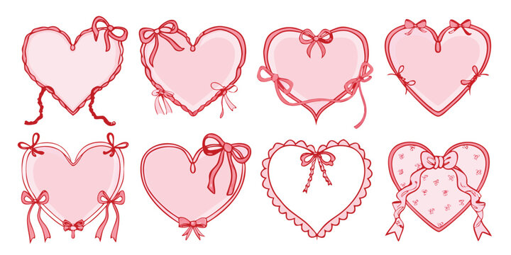 Heart frame border in pink coquette style with cute doodle ribbon and bow. Whimsical design for love, romance and valentines day or wedding. Vector template for gift box, party invitation card