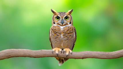 Great horned owl perched on tree branch with bright yellow eyes and alert expression