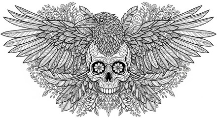 Obraz premium Intricate black and white illustration depicts a stylized bird head merging with a decorated human skull, featuring detailed feathers and surrounding floral elements