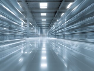 Modern futuristic high-tech corridor with glowing metallic surfaces, sleek design, illuminated ceiling panels, and reflective floo