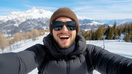 Smiling man winter mountain selfie, sunglasses, brown beanie, snow, outdoor adventure