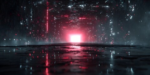 Futuristic digital landscape with glowing horizon and vibrant reflections, high-tech digital environment with neon lights and abstract sci-fi elements