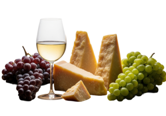 Stemmed glass of pale white wine, aged parmesan reggiano wedges, purple and green grapes on rustic burlap, dramatic chiaroscuro lighting on a transparent background concept for gourmet wine and food