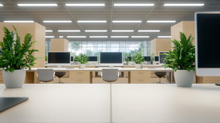 Modern office workspace with computer, desk, chair, and green plant, bright and clean environment