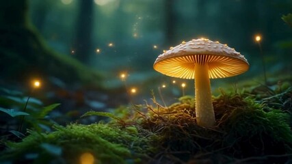 Magical Glowing Mushroom on Mossy Forest Floor with Fireflies