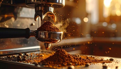 A professional barista uses a hot espresso coffee maker to prepare a fresh caffeine beverage in a modern kitchen or cafe restaurant setting