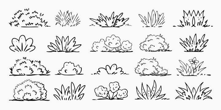 Grass and bush outline tree doodle for lawn vector cute landscape with hand drawn plant and minimal silhouette. Greenery line art for jungle, park and garden. Cartoon sketch and scribble vector set
