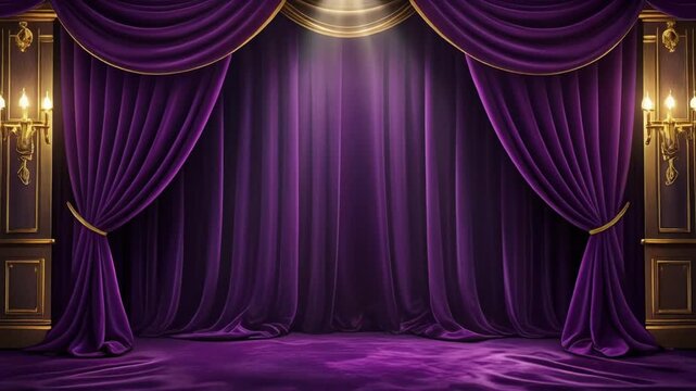 Elegant purple theater drapes with classic golden wall sconces and a central spotlight creating a sophisticated stage atmosphere.
