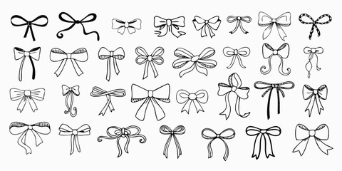 Whimsical bow. Doodle ribbon tied bows for wedding and birthday invitation, Valentines card in vintage coquette style. Romantic retro sketch elements. Vector isolated set © PUSPO