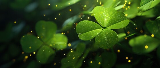 Close-up of lush green clover leaves with sparkling golden lights and bokeh effect in forest setting