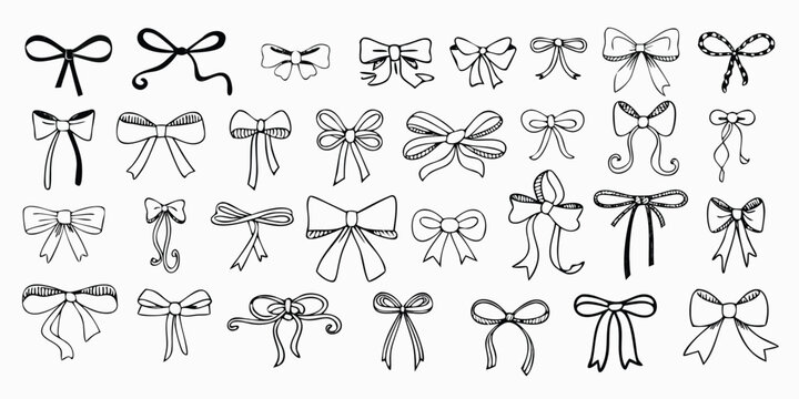 Whimsical bow. Doodle ribbon tied bows for wedding and birthday invitation, Valentines card in vintage coquette style. Romantic retro sketch elements. Vector isolated set
