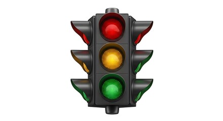 A vertical traffic light showing red, yellow, and green lights against a white background.