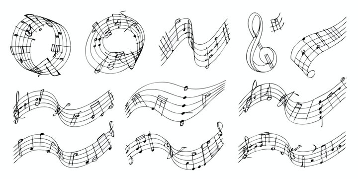 Music notes wave. Flowing musical staff lines with notes, clefs and melody rhythm patterns in dynamic circular, spiral and wavy shapes. Elegant swirling compositions for music posters. Vector set