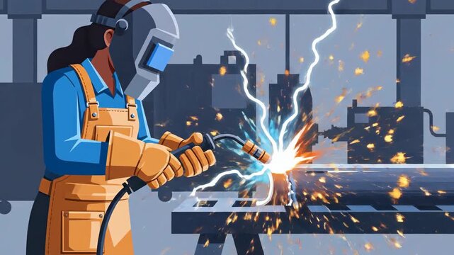 Female Welder Performing Industrial Welding Sparking Metal