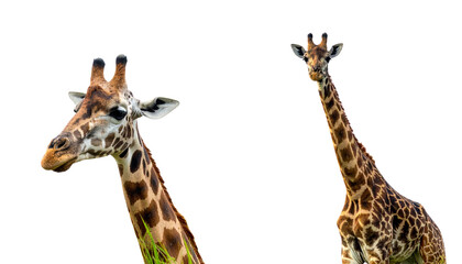 Obraz premium A cute giraffe, a wild mammal, is depicted isolated on a white background