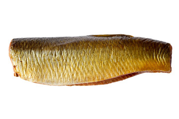 Smoked fish without head and tail on a white background. Close-up of smoked fish