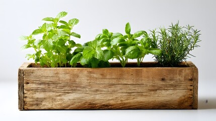 Fresh Herbs Growing in a Rustic Wooden Planter Box.