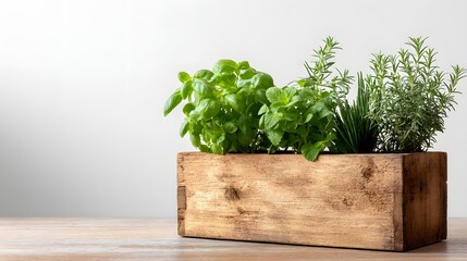 Fresh Herbs Growing in a Rustic Wooden Planter Box on a Table.