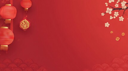 Festive red lanterns, traditional gold coins, and decorative paper fans form a border on a soft pink background, symbolizing prosperity for chinese new year