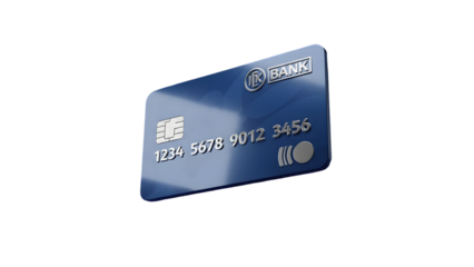 Blue bank credit card with silver details on white background