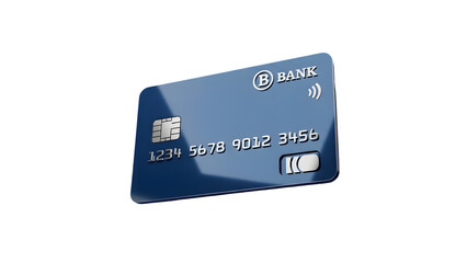 Blue bank credit card with chip and contactless payment technology on white background