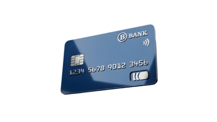 Blue bank credit card with chip and contactless payment technology on white background
