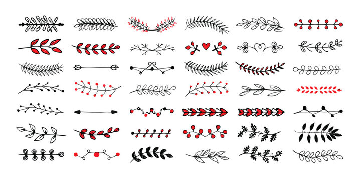 Christmas dividers set. Hand drawn ornamental winter holiday text decor border, Xmas floral underline, ornamental wedding card doodle separator with fir and holly branches. Vector isolated set
