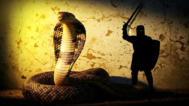 Knight confronting a cobra in a dramatic shadow scene