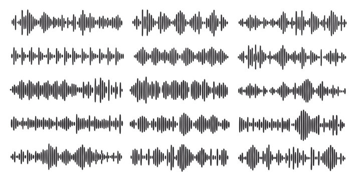 Podcast sound waves. Audio waveforms line icons, sound wave frequency or voice microphone signals. Music, podcast and broadcast, UI and audio branding design. Isolated vector set
