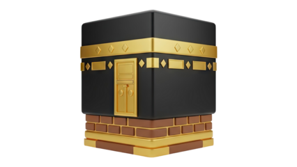 3D Kaaba icon with golden details on transparent background