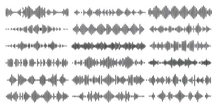 Podcast sound waves. Audio waveforms line icons, sound wave frequency or voice microphone signals. Music, podcast and broadcast, UI and audio branding design. Isolated vector set
