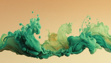 Abstract teal and beige liquid swirls and splashes against a muted orange background; dynamic, fluid forms creating a sense of motion and energy