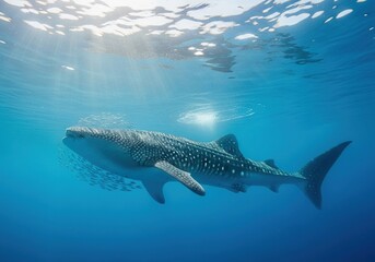 Fototapeta premium Whale shark swims with school of small fish in clear blue ocean water
