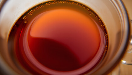 Perspective shot from inside a transparent glass cup of tea, looking outward, showing magnified textures of liquid and steam 2