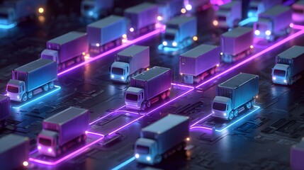 Fototapeta premium Futuristic Logistics Network with Autonomous Trucks and Neon Lights.