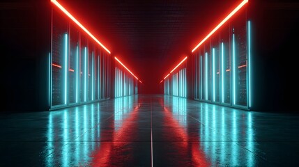 Futuristic Neon Corridor with Red and Blue Lights.