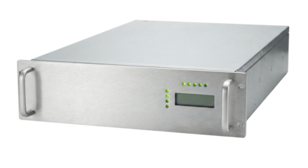 Silver rackmount server chassis with LCD display. Industrial hardware computing unit