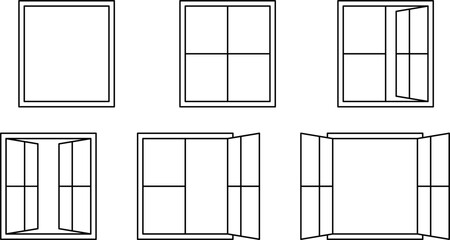 Minimalist window icon set showing open and closed positions. Clean line vector illustration for architecture, UI, app, blueprint, real estate, and construction design use.