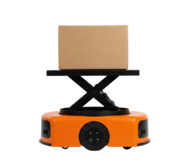 Orange autonomous mobile robot lifting cardboard box. Warehouse logistics automation