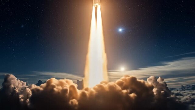 A powerful multi-stage rocket launches into the dark night sky, leaving a brilliant fiery trail through the clouds.