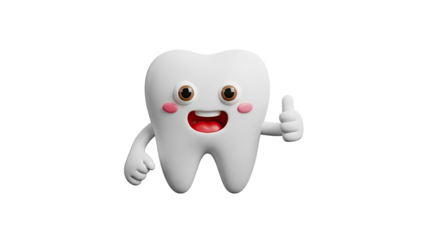 3D Happy Tooth Character Giving Thumbs Up on transparent background