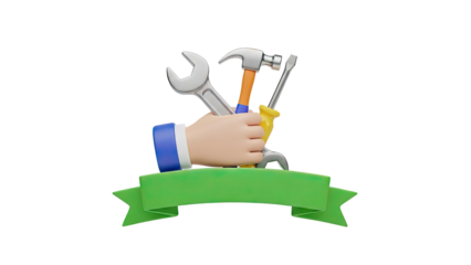 3D Hand holding tools over a green banner on transparent background