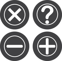 Obraz premium Four circular icons displaying common mathematical operators and a question mark symbol on a dark background.