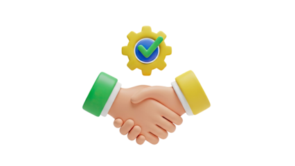 3D illustration of handshake with gear and checkmark icon on transparent background